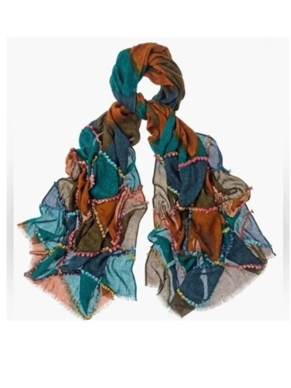 Chico’s Colorful Patchwork Pom Pom Rectangular Scarf boho Bohemian Lagenlook